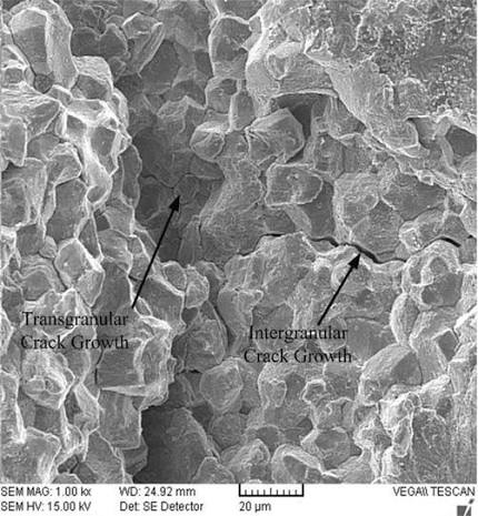 Scanning electron micrograph showing transgranular and intergranular crack growth